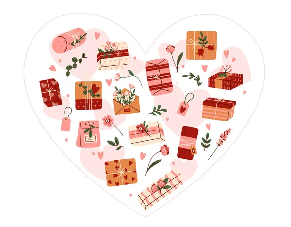 バレンタインデープレゼント ハートの形をした封筒 花のコレクション 愛とロマンス プレゼントと驚き 白を基調とした漫画平面ベクトルイラスト — ストックベクタ