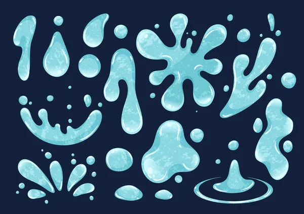 水滴セット 液体と水 H2O 渇きと戦う 純粋さと新鮮さ スプラッタとスプラッシュコレクション 青い背景に描かれた漫画の平面ベクトルイラスト — ストックベクタ