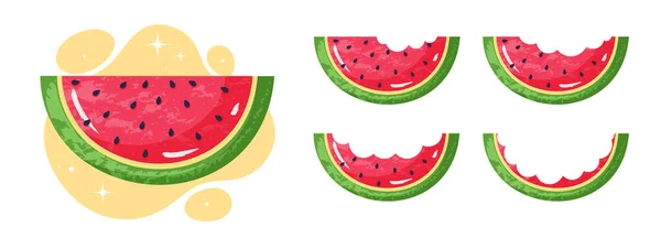 スイカのスライスのセット 夏のシンボル 自然と有機ジューシーな製品 甘くおいしい果物やベリーの新鮮な作品 白を基調とした漫画平面ベクトルイラスト — ストックベクタ