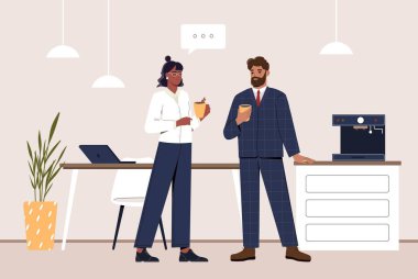 Kahve molası. Ellerinde sıcak içeceklerle kadın ve erkek büroda, çay. Çalışanlar ve meslektaşlar rahatlar ve iş projelerini tartışırlar. Poster ya da afiş. Çizgi film düz vektör çizimi