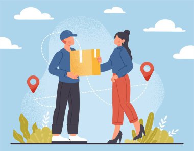 Ev teslimi konsepti. Elinde paket olan bir kurye kıza verir. Modern teknolojiler, Ronloline alışverişi ve elektronik ödemeler. Afiş ya da afiş. Çizgi film düz vektör çizimi