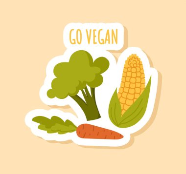 Vejetaryen rozeti. Mısır, brokoli ve havuç. Sağlık ve düzgün beslenme. Çiftçilik ve tarım, hasat. Sosyal ağlar ve anlık kuryeler için etiket. Çizgi film düz vektör çizimi