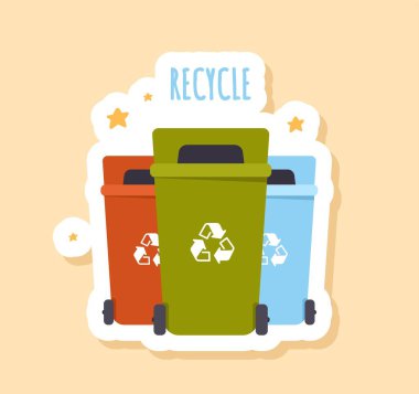 Geri dönüşüm rozeti konsepti. Atık ayıklama ve yeniden kullanım için çok renkli çöp konteynerleri. Sıfır atık, doğa ve çevreye özen. Web sitesi için grafik ögesi. Çizgi film düz vektör çizimi