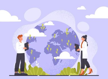 Gezegen kavramını kurtar Tıp önlüklü erkek ve kadınlar küreye bakıyor. Doğaya, ekolojiye, çevreye ve bitkilere bakmak, sıfır atık. Web sitesi afişi ya da afişi. Çizgi film düz vektör çizimi