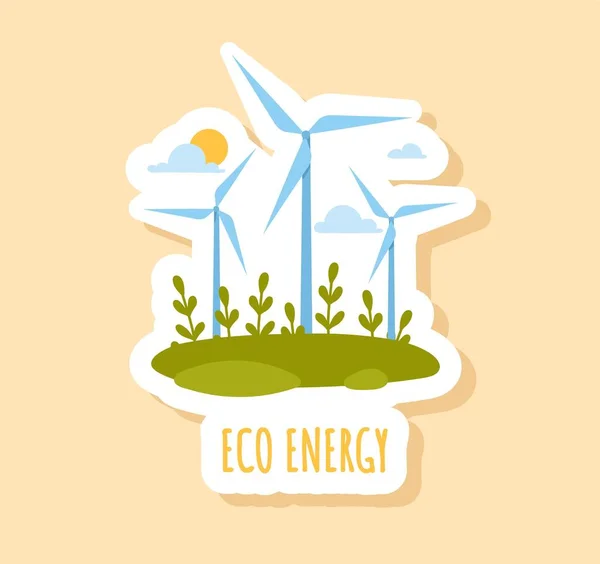 Badge Énergie Écologique Moulins Vent Sur Champ Vert Sur Fond — Image vectorielle