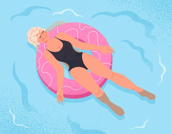 Girl swimming in sea. Young girl lies in water on pink rubber lifebuoy. Vacations and vacations in tropical and exotic countries. Hot weather and summer season. Cartoon flat vector illustration