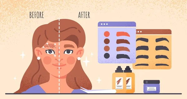 Concept of microblading. Young girl corrects her face with help of cosmetic preparations. Beauty and hygiene, poster and banner for website. Skin cream and lotion. Cartoon flat vector illustration