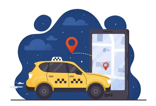夜间出租车的概念 在智能手机旁边的黄色汽车 现代技术和数字世界 导航和跟踪 汽车呼叫应用程序 方便的服务隐喻 卡通平面矢量插图 — 图库矢量图片