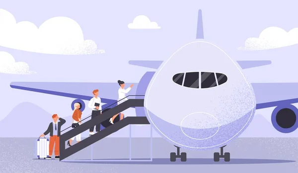 Люди Садятся Самолет Мужчины Женщины Багажом Входят Каюту Самолета Путешествия — стоковый вектор