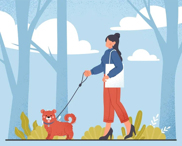 Woman Dog Young Character Walks Forest Her Pet Metaphor Love — Stock Vector