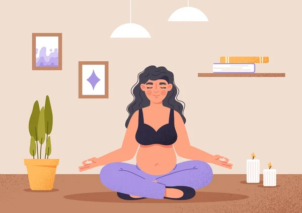 Mujer Embarazada Meditando Joven Sienta Posición Loto Ejercicios Respiración Atención — Vector de stock