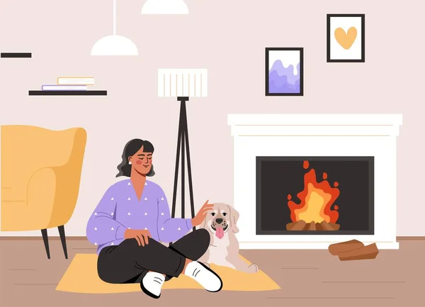 家でリラックスしてる女性 若い女の子は犬と暖炉の近くのアパートに座っています 快適さと居心地のよさ 休暇も冬休みも 火のそばで安らかな休息 漫画フラットベクトルイラスト — ストックベクタ