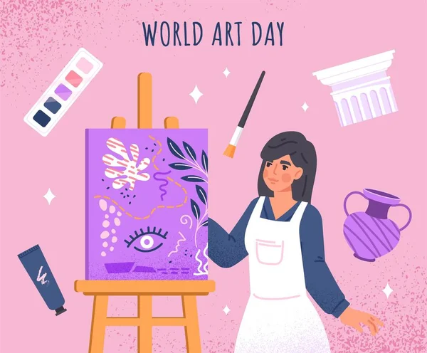 Día Mundial Del Arte Chica Joven Con Cepillo Cerca Lienzo — Vector de stock