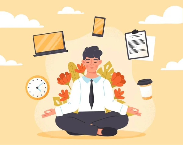 工作场所的瑜伽 小伙子坐在荷花的位置上 成功的企业家或雇员 网站的海报或横幅 高效的工作流和时间管理 卡通平面矢量插图 — 图库矢量图片