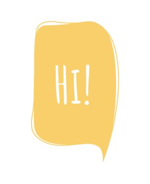 Konuşma balonu. Merhaba. Sarı kare bulut, yazı ve ünlem işareti. Çevir ve düşün. İletişim ve etkileşim. Web sitesi afişi ya da afişi. Çizgi film düz vektör çizimi