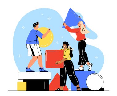 Takım çalışması kavramı. Ellerinde renkli geometrik figürler olan kadın ve erkekler. Ortak proje üzerinde çalışan ortaklar ve meslektaşlar. Etkili iş akışı organizasyonu. Çizgi film düz vektör çizimi