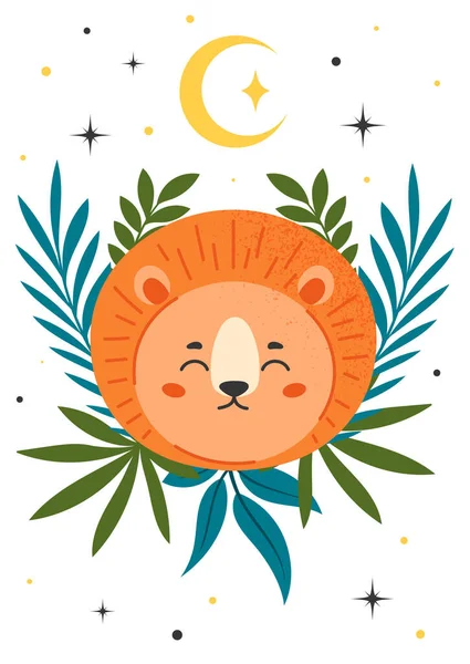 Couverture Avec Lion Charmant Animal Feuillage Sous Les Étoiles Lune — Image vectorielle
