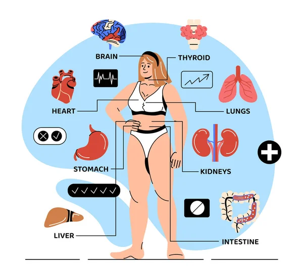 Body Anatomy Concept Woman Underwear Stands Next Icons Internal Organs — Stock Vector