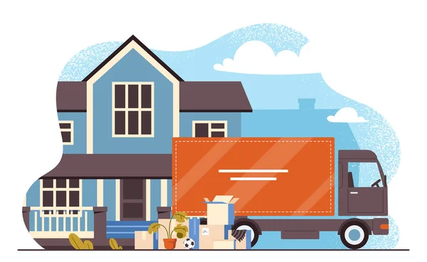 Σπίτι Κινείται Έννοια Φορτηγά Και Κουτιά Από Χαρτόνι Στέκονται Κοντά — Διανυσματικό Αρχείο