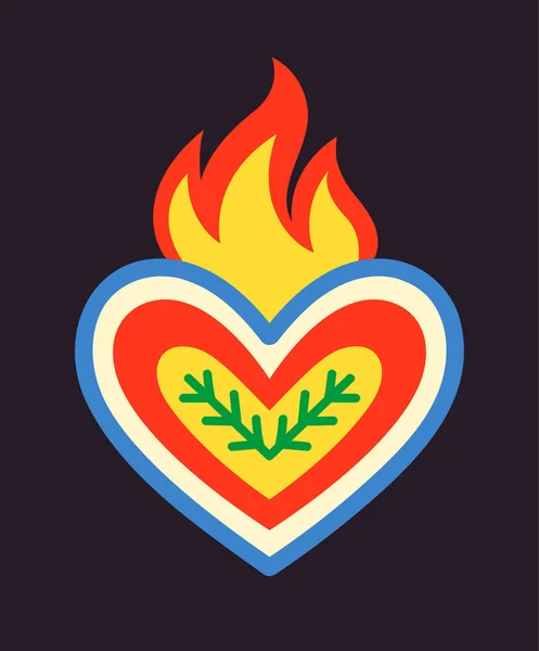 墨西哥神圣的心脏 社交网络和信使的贴纸 死亡之日 是音乐节的节日 火和植物的分支 卡通平面矢量插图 — 图库矢量图片