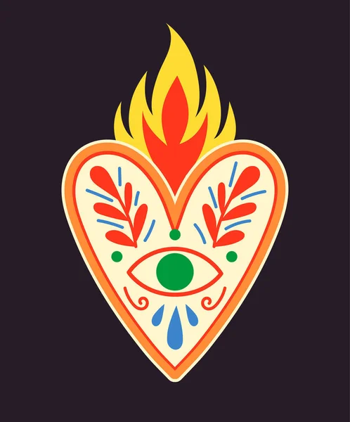 Corazón Sagrado Mexicano Parche Con Ojo Ramas Llama Fuego Espiritualidad — Archivo Imágenes Vectoriales