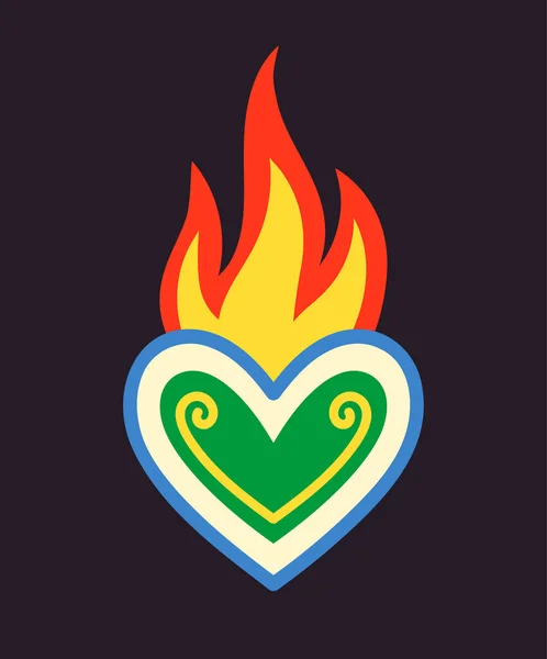 墨西哥神圣的心脏 用火焰或火把它补上 Dia Los Muertos 死亡日 墨西哥的传统节日 社交网络和信使的贴纸 卡通平面矢量插图 — 图库矢量图片