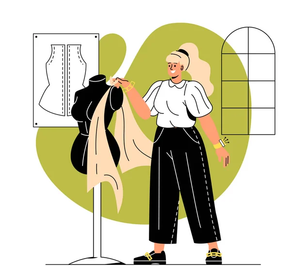 Costurera Trabajo Mujer Pie Cerca Del Maniquí Con Vestido Beige — Archivo Imágenes Vectoriales