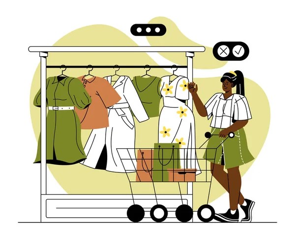 Kobieta Zakupach Młoda Dziewczyna Wózkiem Supermarkecie Wybiera Ubrania Patrzy Kolorowe — Wektor stockowy
