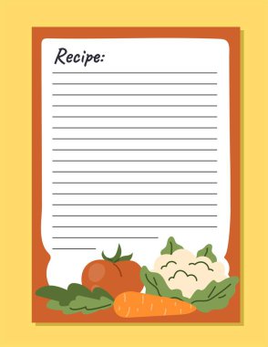 Yemek notu konsepti. Tarifi yazmak için bir yer. Üzerinde sebze çizimleri olan kağıt bir çarşaf. Domates, havuç ve lahana. Hazırlık için fikir ve malzemeler. Çizgi film düz vektör çizimi