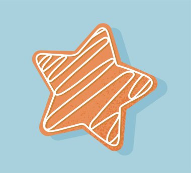 Noel kurabiyesi yıldızı. Beyaz kremalı kek mi? Davetiye ve tebrik kartı için tasarım ögesi. Web sitesi afişi ya da afişi. Zencefilli tatlı. Çizgi film düz vektör çizimi