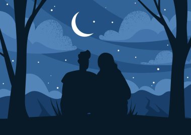 Romantik randevu konsepti. Yıldızlı gökyüzünün arka planında kadın ve erkeğin siluetleri. Mutlu çift hilal aya bakıyor, tarih ve doğa buluşması.