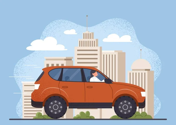 开车的概念 高速公路上建筑物的背景图是红色的 车辆和运输 年轻姑娘旅行 — 图库矢量图片