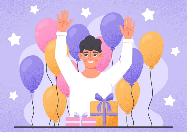 Kutlama Konsepti Genç Adam Renkli Balonların Arka Planında Pasta Hediyeyle — Stok Vektör