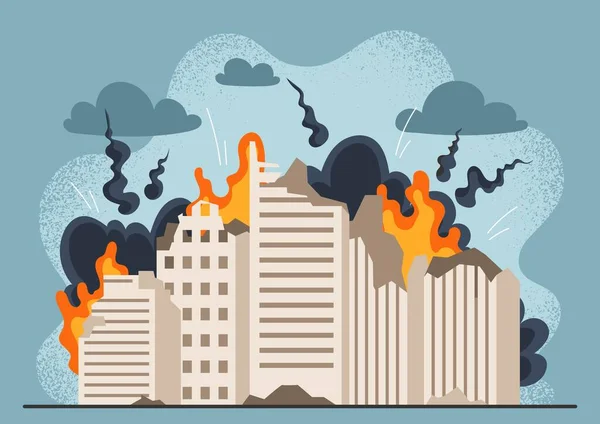 stock vector Destroyed city concept. Burning and exploding building, destruction and chaos. Smoke and fire, war. Abandoned buildings, city ruins, apocalypse. Cartoon flat vector illustration