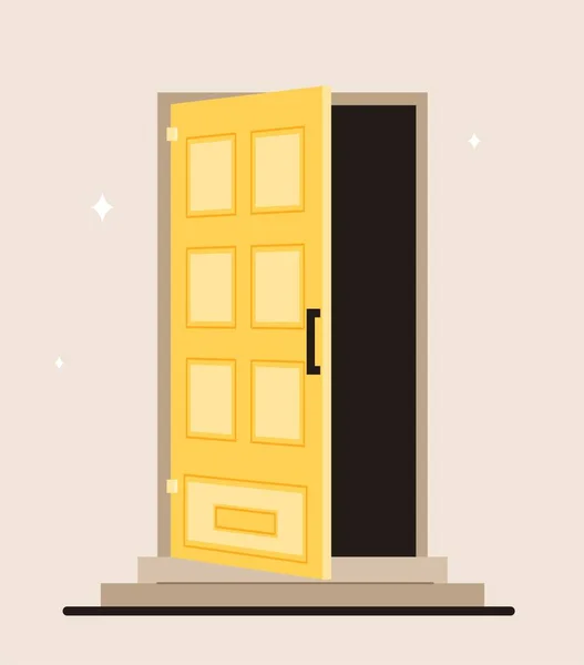黄色のドアの概念を開きます アパートやオフィスへの入り口 現代の都市建築 不動産からの脱出 テンプレート レイアウト モックアップ 漫画フラットベクトルイラスト — ストックベクタ