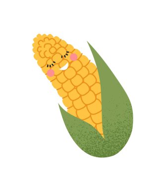 Güzel mısır konsepti. Sosyal ağlar ve anlık haberciler için minimal etiket. Hasat, doğal ve organik ürünler. Sarı protein koçanı. Çizgi film düz vektör çizimi