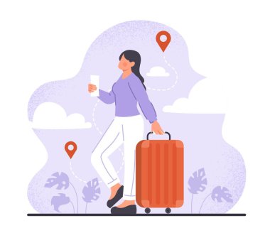 Bagajı olan bir kadın turist. Bavulu ve bileti olan bir kadın GPS iğnelerinin yanında duruyor. Aktif eğlence ve yaşam tarzı, seyahat ve macera, uçuş. Çizgi film düz vektör çizimi