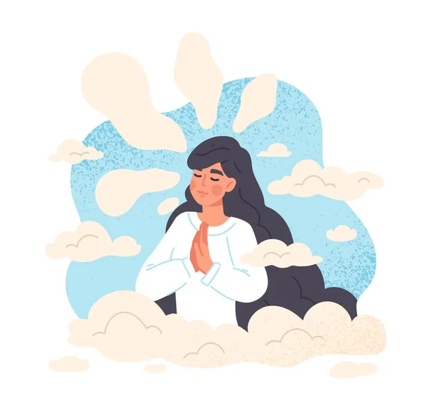 stock vector Woman in clouds. Young girl in white shirt stands with her hands folded. Inner peace, balance and freedom. Mental health, psychology and awareness. Cartoon flat vector illustration