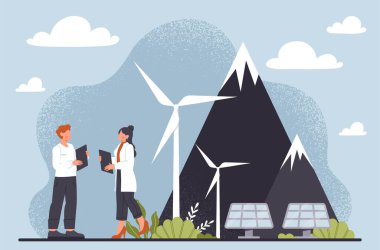 Yeşil enerji tanıtımı. Bilimsel pelerinli kadın ve erkek yel değirmenlerinin yanında duruyor. Alternatif yenilenebilir enerji kaynakları, tehlikeli atık emisyonlarının azaltılması. Çizgi film düz vektör çizimi