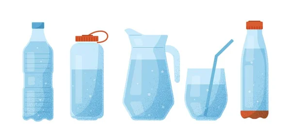 Различные Контейнеры Водой Пластиковая Бутылка Стеклянный Кувшин Чашка Жидкой Соломой — стоковый вектор