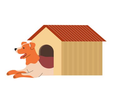 Sevimli evcil hayvan. Arka bahçesindeki tahta kutuda duran benekli bir köpek etiketi. Güzel köpek yavrusu dinleniyor ve dinleniyor. Nazik hayvan. Çizgi film düz vektör çizimi beyaz arkaplanda izole edildi