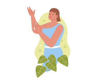 Her gün cilt bakımı konsepti. Genç, gülümseyen bir kadın cildini temizler ya da fırçayla masaj yapar. Spa prosedürü ya da güzellik süreci. Çizgi film düz vektör çizimi beyaz arkaplanda izole edildi