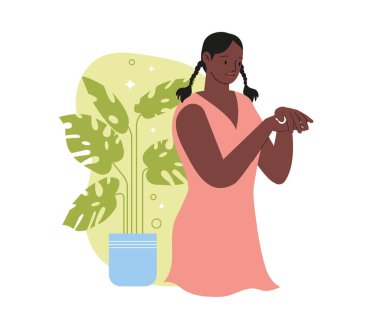 Her gün cilt bakımı rutini. Afrikalı Amerikalı kız, ellerinin derisine nemlendirici ya da besleyici krem sürüyor. Spa için kozmetik ürünleri. Çizgi film düz vektör çizimi beyaz arkaplanda izole edildi