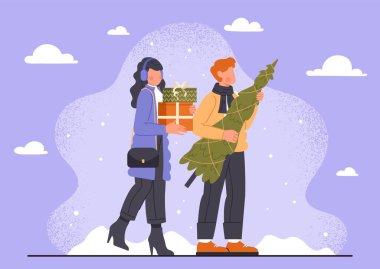 Preparation for celebration. Man with Christmas tree and woman with gift boxes. Present and surprise, winter holidays and festivals, New Year. Culture and traditions. Cartoon flat vector illustration clipart