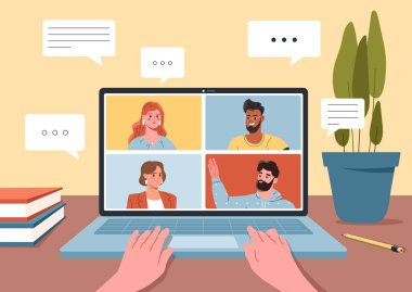 Video konferans konsepti. İnternet 'te iş görüşmesi ve iletişim. Uzak çalışanlar ya da serbest çalışanlar. Meslektaşları ve arkadaşlarıyla çevrimiçi görüşme. Çizgi film düz vektör çizimi