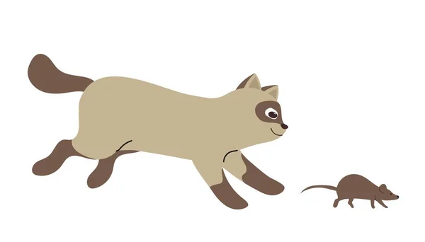 Roztomilé Domácí Zvíře Samolepka Načechranou Teenagerskou Kočkou Lovící Malou Myš — Stockový vektor