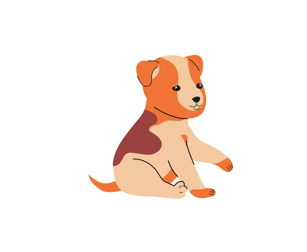 かわいい家畜だ 明るい斑点のあるオレンジ色の毛皮を持つ美しい赤ちゃん子犬とステッカー 小さな犬の子供が座って遊ぶ 愛らしいペット 白い背景に孤立した漫画のフラットベクトルイラスト — ストックベクタ