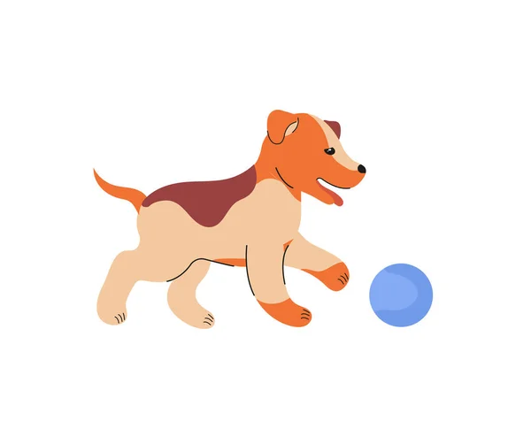 かわいい家畜だ 青いボールで遊んで積極的な十代の犬とステッカー 楽しいと実行している親切な子犬 美しいペットだ 白い背景に孤立した漫画のフラットベクトルイラスト — ストックベクタ