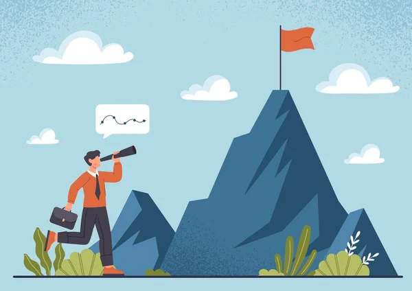 Man Reaching Goals Young Guy Binoculars Looks Flag Top Mountain — Stock Vector