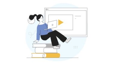 Uzaktan eğitim video konsepti. Dizüstü bilgisayarı olan genç bir kız kitaplar üzerinde oturur ve online webinar ya da kurs izler. Öğrenci uzaktan ders dinler. Karalama tarzında düz grafik çizgi film